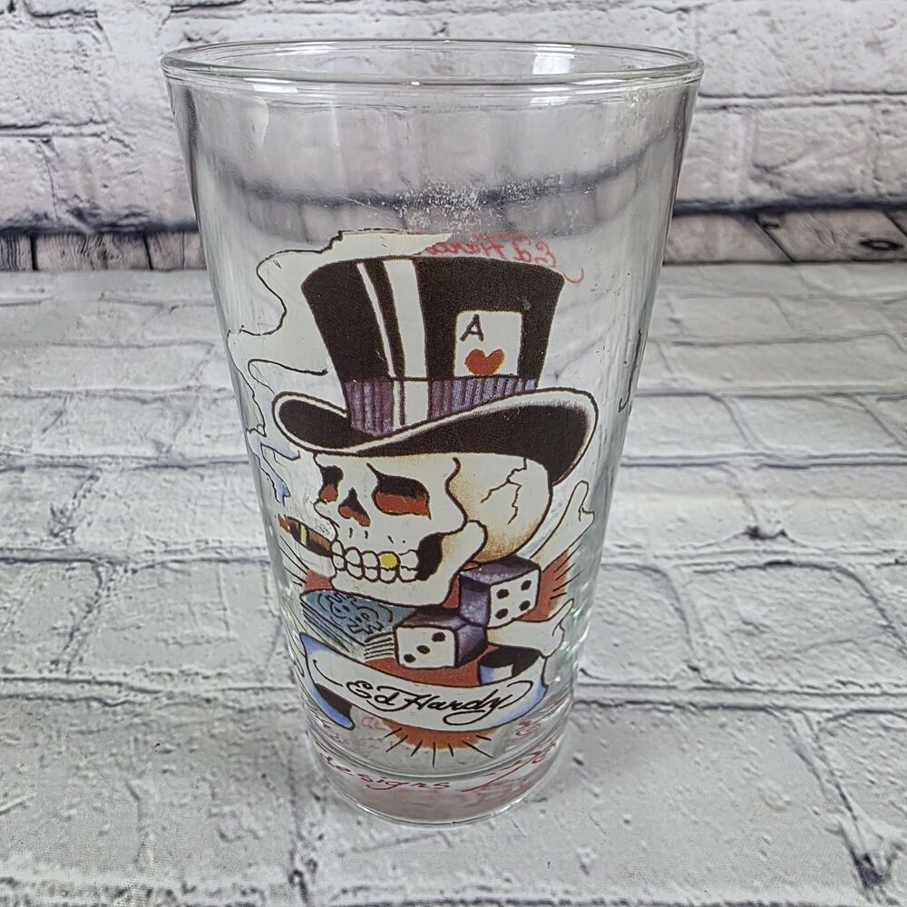 ED HARDY Mixed Drink Glasses-Heavy Glass-Skull With Hat And Playing Cards V-Nice